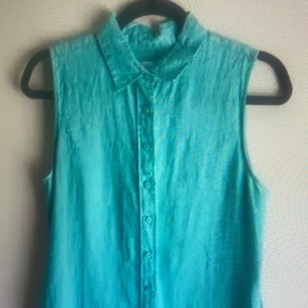 onia Teal Blue Green Sleeveless Button Up Collared Linen Tunic Blouse Medium